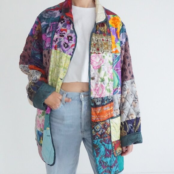Jackets & Blazers - Vintage Multicolor Floral Patchwork Quilted Button Front Jacket Shacket M